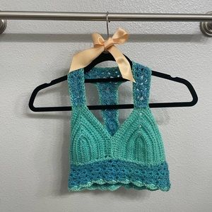Handmade new crochet blue and turquoise cropped halter top
